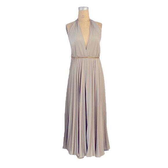 Halston Heritage Halter Pleated Wide Leg Jumpsuit Atmosphere Beige. - Picture 8 of 13